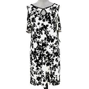 Melrose Dress Womens 6 White Black Floral Stretch Knit A-line Cold Shoulder